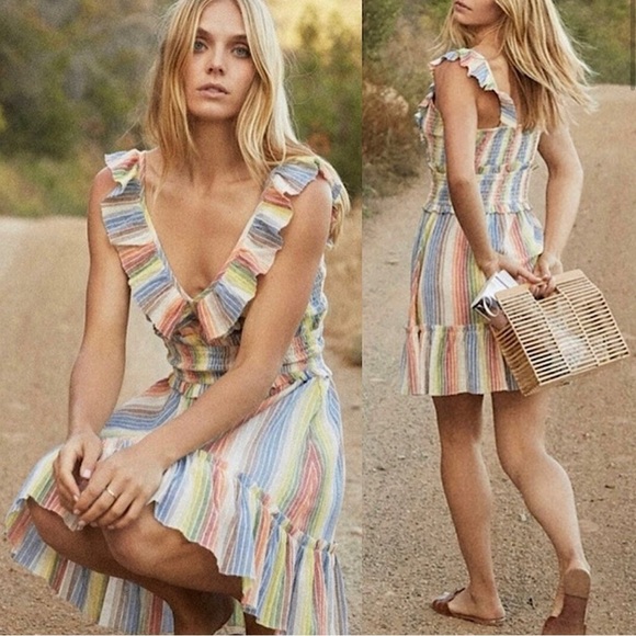 Saylor Alma Stripped Rainbow Smocked Ruffle Boho 100% Cotton Dress Womens XL - Picture 1 of 10